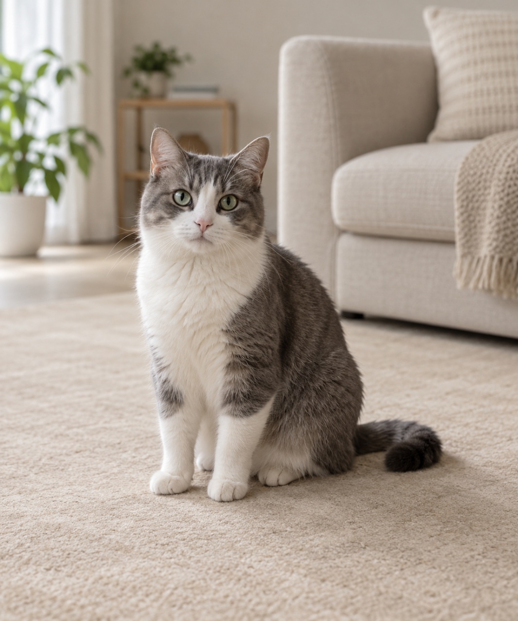 Actual uploaded photo of a sitting gray-and-white cat beside a beige sofa, used for this generated dance example